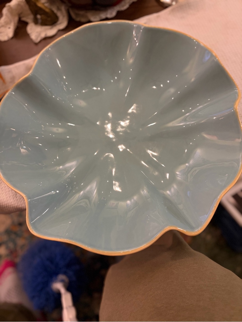 Southern Living At Home Scalloped Serving Bowl in Light Blue with Gold Trim